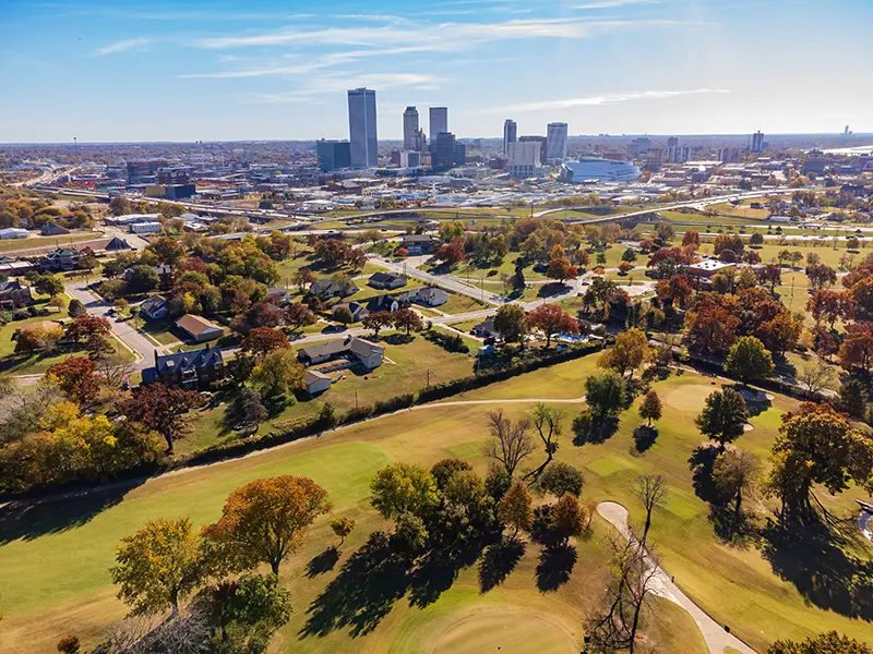 Aerial view of the beautiful fall color of the Owen Park and downtown Tulsa Oklahoma