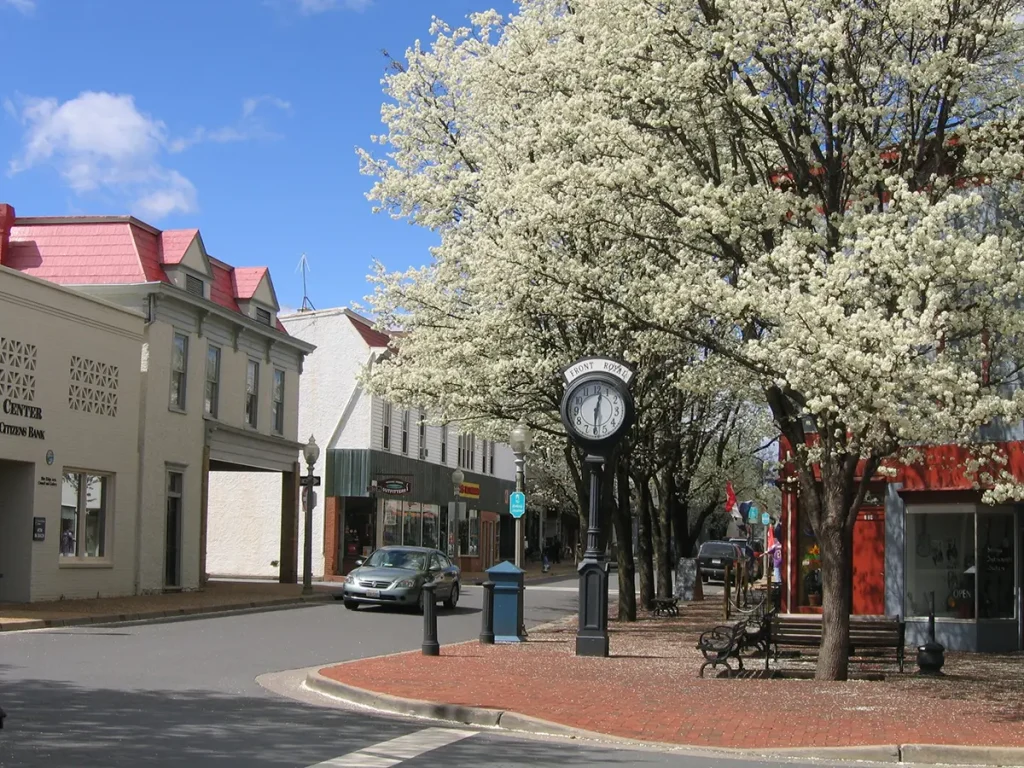 Springtime in downtown street view of Front Royal, Virginia